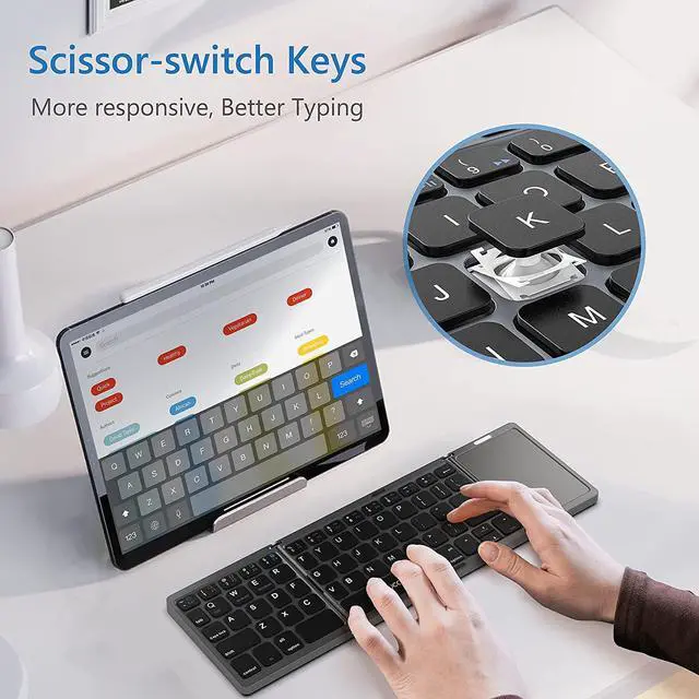 Alt view image 5 of 7 - Acoucou Foldable Bluetooth Keyboard with Touchpad Portable Wireless (Sync Up to 3 Devices), Rechargeable Mini Wireless Bluetooth Tri-Folding Keyboard for Android iOS Windows Tablets