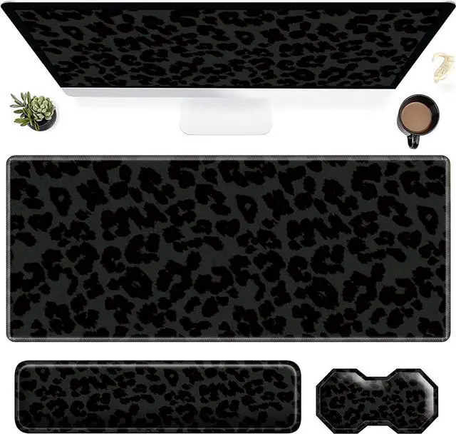 Main image of 3Pcs Mouse Pad Set, Black Leopard Large Gaming Mouse Pad with Stitched Edge, Ergonomic Memory Foam Keyboard Wrist Support and Mouse Wrist Rest Cushion, Pain Relief Non-Slip Desk Pad Combo