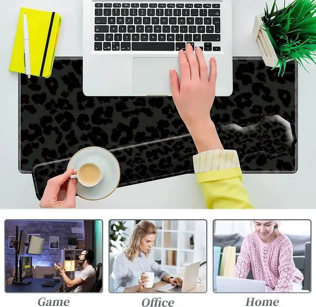 Alt view image 2 of 7 - 3Pcs Mouse Pad Set, Black Leopard Large Gaming Mouse Pad with Stitched Edge, Ergonomic Memory Foam Keyboard Wrist Support and Mouse Wrist Rest Cushion, Pain Relief Non-Slip Desk Pad Combo