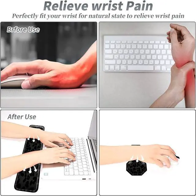 Alt view image 3 of 7 - 3Pcs Mouse Pad Set, Black Leopard Large Gaming Mouse Pad with Stitched Edge, Ergonomic Memory Foam Keyboard Wrist Support and Mouse Wrist Rest Cushion, Pain Relief Non-Slip Desk Pad Combo