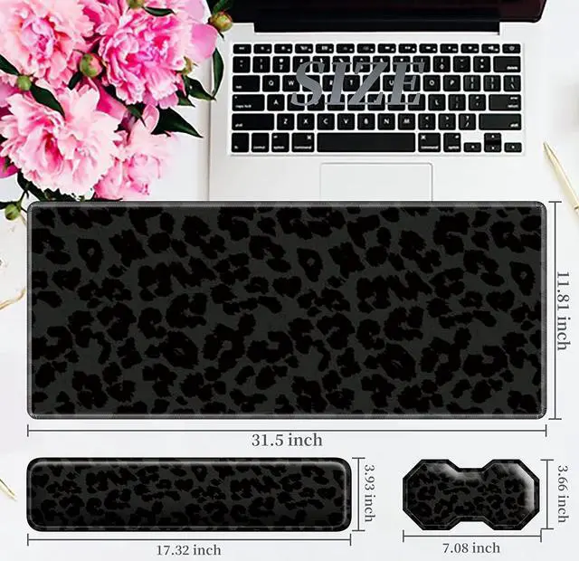 Alt view image 7 of 7 - 3Pcs Mouse Pad Set, Black Leopard Large Gaming Mouse Pad with Stitched Edge, Ergonomic Memory Foam Keyboard Wrist Support and Mouse Wrist Rest Cushion, Pain Relief Non-Slip Desk Pad Combo