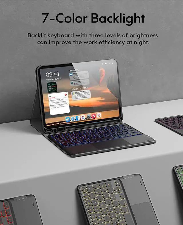 Alt view image 4 of 7 - For iPad Air 11 Inch Case with Keyboard (M2, 2024), 7-Color Backlight, Touchpad and Pencil Holder, 2 Bluetooth Channels, for iPad Pro 11(4th/3rd/2nd/1st Gen) iPad Air 5th & 4th Gen,Black