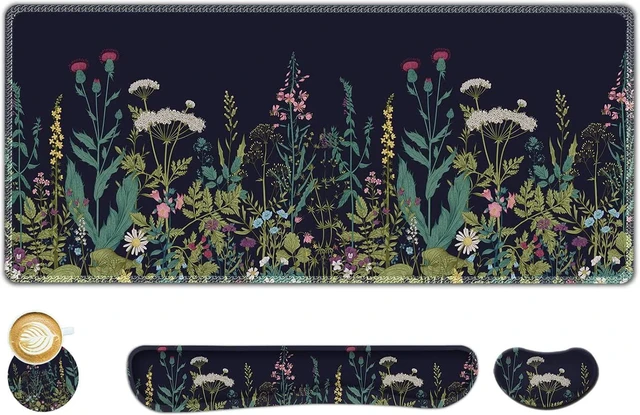 Main image of AIMSA Large Gaming Mouse Pad Set, Keyboard Wrist Rest Support + Extended Mouse Pad + Mouse Wrist Cushion + Coaster, Ergonomic Multifunctional Desk Mat 35x15.7in Anti-Slip Rubber Base (Flowers Plants)
