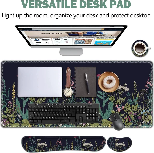 Alt view image 2 of 7 - AIMSA Large Gaming Mouse Pad Set, Keyboard Wrist Rest Support + Extended Mouse Pad + Mouse Wrist Cushion + Coaster, Ergonomic Multifunctional Desk Mat 35x15.7in Anti-Slip Rubber Base (Flowers Plants)