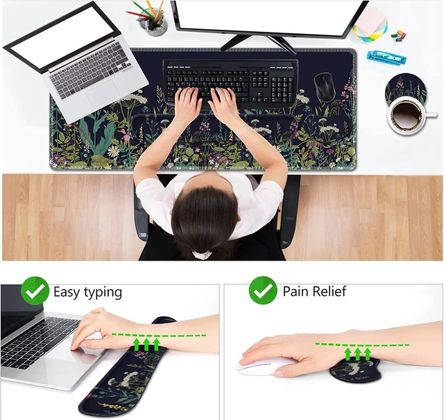 Alt view image 3 of 7 - AIMSA Large Gaming Mouse Pad Set, Keyboard Wrist Rest Support + Extended Mouse Pad + Mouse Wrist Cushion + Coaster, Ergonomic Multifunctional Desk Mat 35x15.7in Anti-Slip Rubber Base (Flowers Plants)