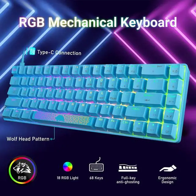 Alt view image 2 of 7 - 60% Mechanical Gaming Keyboard and Mouse Combo RGB Backlight Ergonomic Anti-ghosting 68 Keys 6402DPI Silent Honeycomb Mice Type-C Wired for Computer Mac Gamer