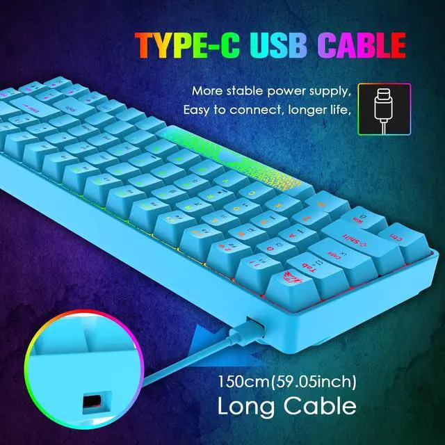 Alt view image 3 of 7 - 60% Mechanical Gaming Keyboard and Mouse Combo RGB Backlight Ergonomic Anti-ghosting 68 Keys 6402DPI Silent Honeycomb Mice Type-C Wired for Computer Mac Gamer
