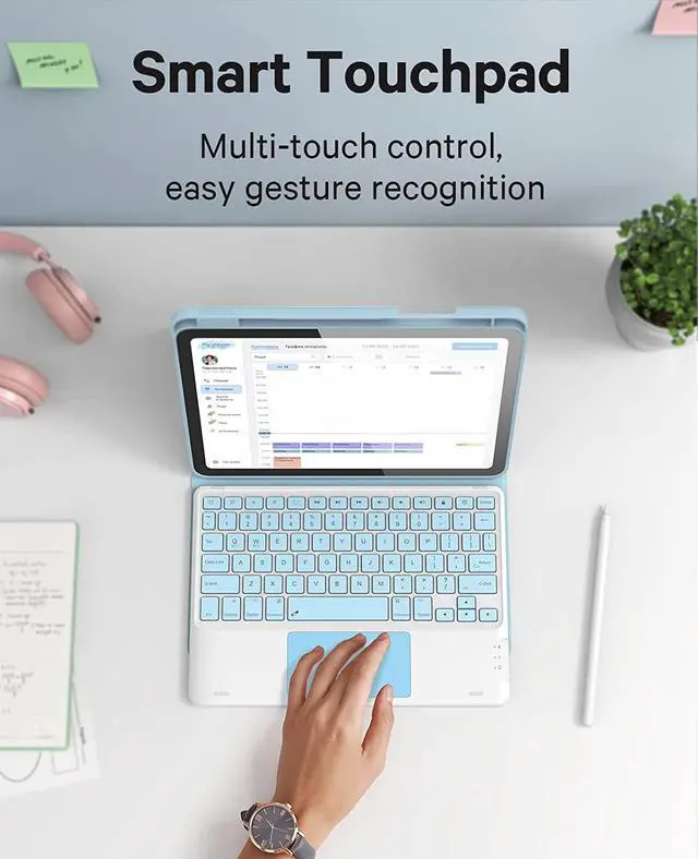Alt view image 5 of 7 - GreenLaw Compatible for iPad 11th(A16)/10th Generation Case with Keyboard | Detachable Keyboard Case, 7-Color Backlit, Precision Touchpad, Built-in Pencil Holder, Stain-Resistant Cover, Sky Blue