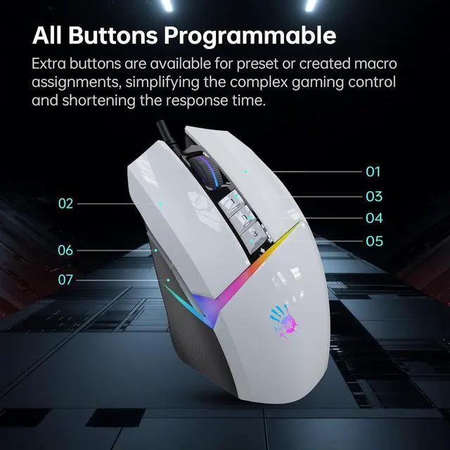Alt view image 3 of 7 - Bloody W60Max Wired RGB FPS Gaming Mouse, 10000 CPI, All Buttons Programmable, 2000Hz Report Rate, 250 IPS, 4M Onboard Memory (Pandawhite)