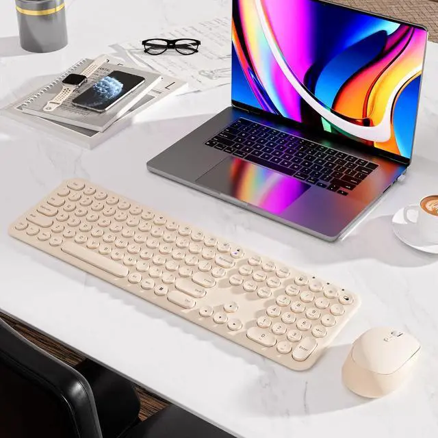 Alt view image 6 of 7 - Wireless Keyboard Mouse Combo, 2.4Ghz Aesthetic Quiet Keyboard and Mouse Wireless, 110 Keys Full Size Ultra-Thin Cute Keyboard for Laptop, Computer, PC, Notebook, Windows, Mac OS (Khaki)