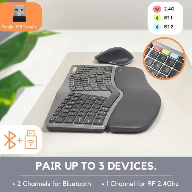 Alt view image 4 of 7 - X9 Wireless Ergonomic Keyboard and Mouse Combo - 2.4G+BT Optimized for Comfort - Bluetooth Ergonomic Split Keyboard with Wrist Rest and 6 Button Ergo Mouse - Rechargeable Wireless Mouse Keyboard Combo