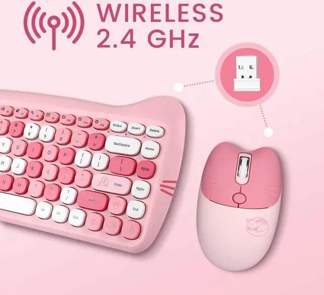 Alt view image 2 of 7 - Perixx PERIDUO-715 Wireless Mini Keyboard and Mouse Set - Cute Cat-Like Design - Pink Candy Colors - Portable Travel Bag - Type-C Adapter - US English