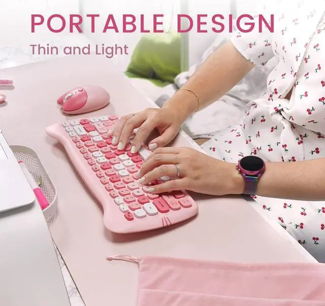 Alt view image 4 of 7 - Perixx PERIDUO-715 Wireless Mini Keyboard and Mouse Set - Cute Cat-Like Design - Pink Candy Colors - Portable Travel Bag - Type-C Adapter - US English