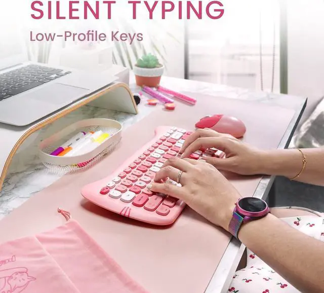 Alt view image 6 of 7 - Perixx PERIDUO-715 Wireless Mini Keyboard and Mouse Set - Cute Cat-Like Design - Pink Candy Colors - Portable Travel Bag - Type-C Adapter - US English