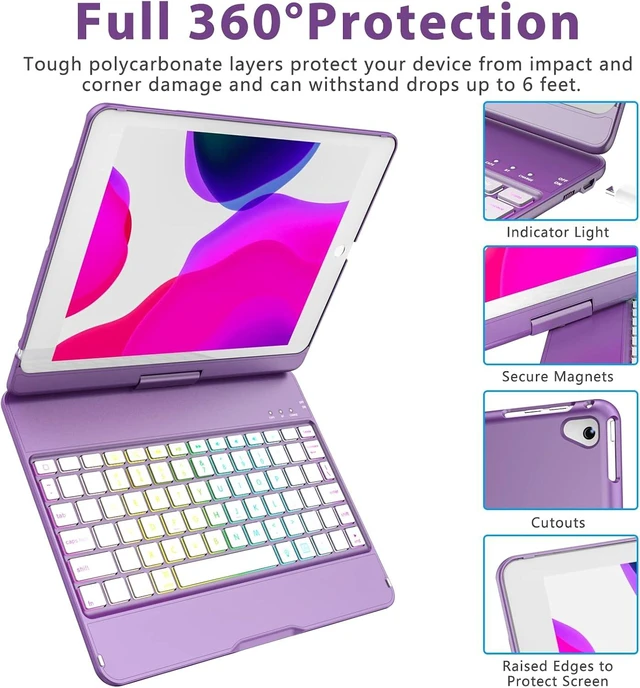 Alt view image 5 of 7 - MMK iPad Keyboard Case for iPad 6th Gen 2018,5th Gen 2017, Pro 9.7, Air 2,Air 1, Backlit 10 Color 360 Screen Rotation Case with Keyboard, Auto Sleep/Wake - Violet