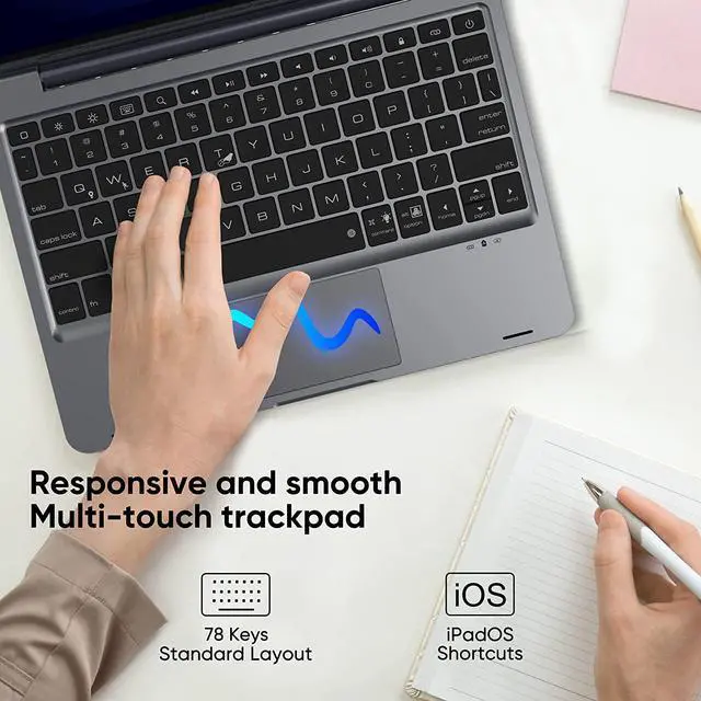 Alt view image 2 of 6 - doqo iPad Keyboard Case 10.2 inch with Touchpad for iPad 9th 2021, 8th 2020, 7th Gen 2019, 360° Protective case with 7 Colors Backlight Detachable Keyboard Space Gray