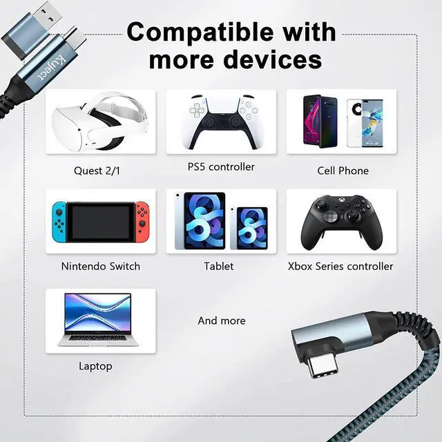 Alt view image 7 of 7 - Kuject Link Cable 20FT Compatible for Quest 3 and Quest 2, Nylon Braided Accessories for Rift S/Steam VR Games, USB 3.0 Type C to C High Speed Data Transfer Charging Cord for Gaming PC