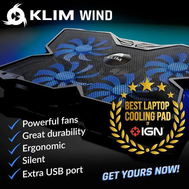 Alt view image 2 of 7 - KLIM Wind Laptop Cooling Pad - More Than 500 000 Units Sold - New Version 2024 - The Most Powerful Rapid Action Cooling Fan - Laptop Stand with 4 Cooling Fans at 1200 RPM - USB Fan - PS5 PS4 - Blue