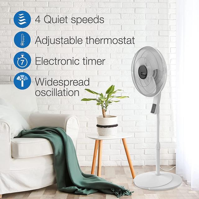 Alt view image 4 of 7 - Lasko S16614 Oscillating 16 Adjustable Pedestal Stand Fan with Timer, Thermostat and Remote for Indoor, Bedroom, Living Room, Home Office & College Dorm Use, 16 Inch, White