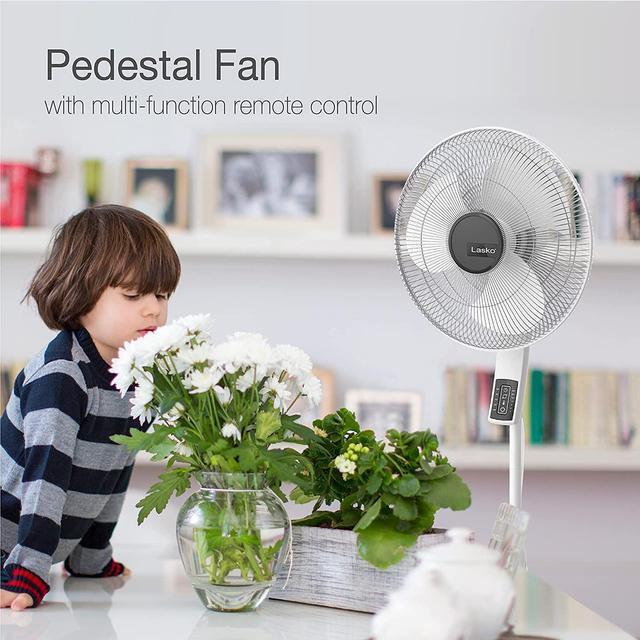Alt view image 2 of 7 - Lasko S16614 Oscillating 16 Adjustable Pedestal Stand Fan with Timer, Thermostat and Remote for Indoor, Bedroom, Living Room, Home Office & College Dorm Use, 16 Inch, White