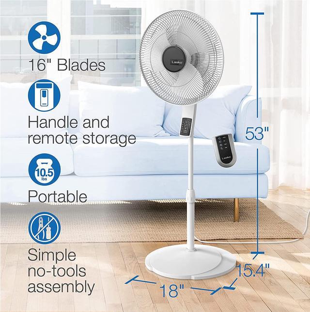 Alt view image 6 of 7 - Lasko S16614 Oscillating 16 Adjustable Pedestal Stand Fan with Timer, Thermostat and Remote for Indoor, Bedroom, Living Room, Home Office & College Dorm Use, 16 Inch, White