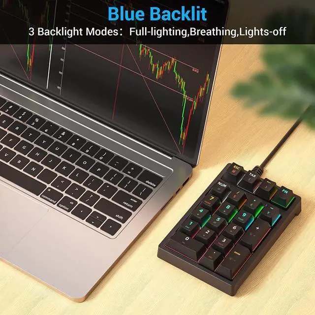 Alt view image 2 of 7 - Number Pad, Mechanical USB Wired Numeric Keypad with RGB LED Backlit 21 Key Numpad,Mechanical Numeric Keypad for Laptop Desktop Computer PC Blue Switch (Black)