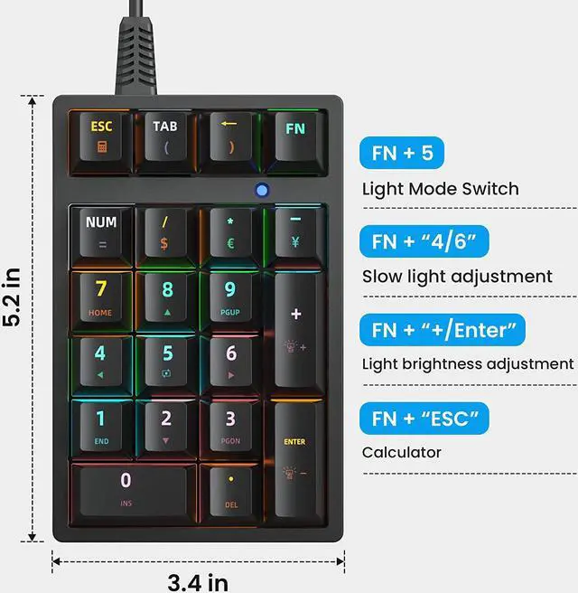 Alt view image 3 of 7 - Number Pad, Mechanical USB Wired Numeric Keypad with RGB LED Backlit 21 Key Numpad,Mechanical Numeric Keypad for Laptop Desktop Computer PC Blue Switch (Black)