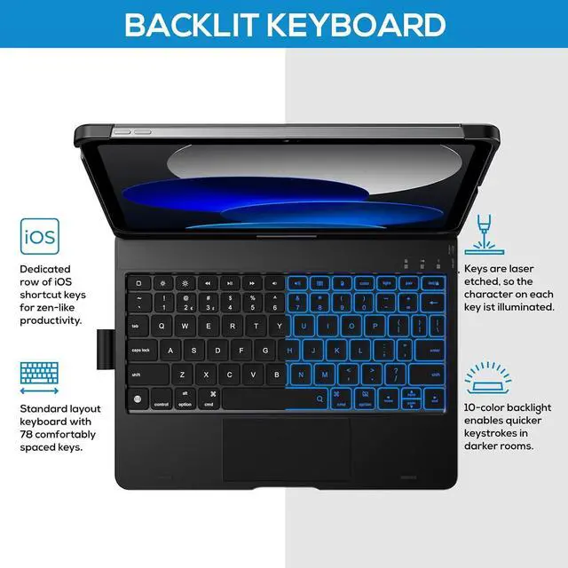 Alt view image 3 of 7 - Touch iPad 10th Generation Case with Keyboard (10.9", 2022), Multi-Touch Trackpad, 10 Color Backlight, 360° Rotatable, Thin & Light for Apple iPad 10th Gen 10.9