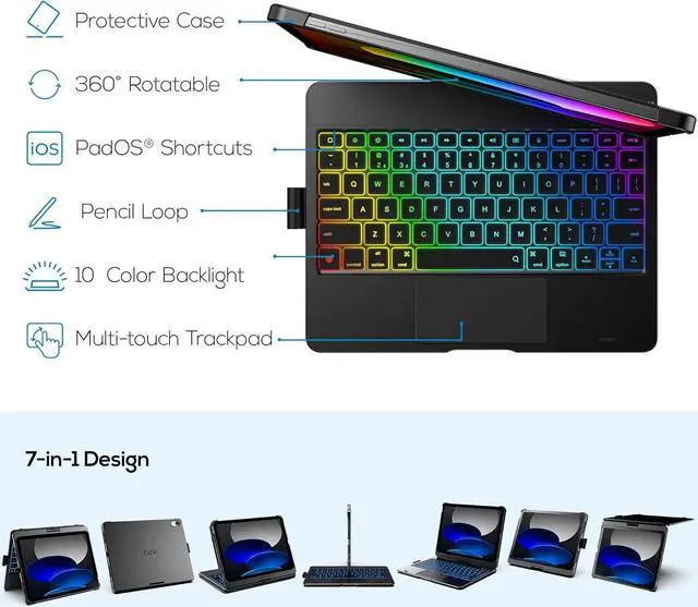 Alt view image 4 of 7 - Touch iPad 10th Generation Case with Keyboard (10.9", 2022), Multi-Touch Trackpad, 10 Color Backlight, 360° Rotatable, Thin & Light for Apple iPad 10th Gen 10.9