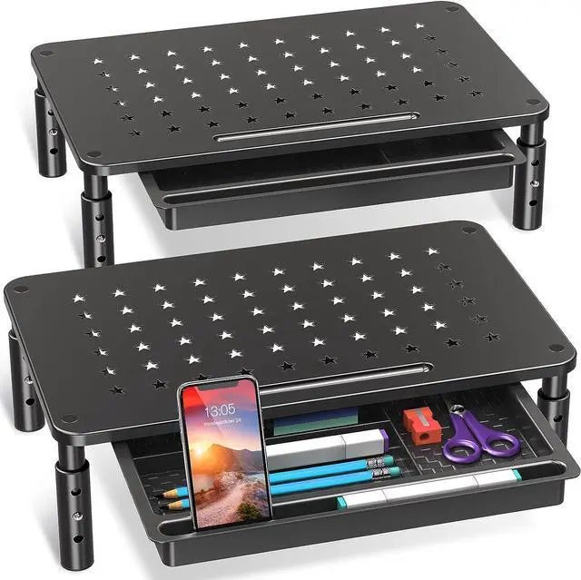 Main image of ELIVED 2 Pack Monitor Stand Riser with Drawer, 3 Height Adjustable Monitor Stand with Storage, Desktop Monitor Riser for Computer, Laptop, Notebook, Printer(Black).