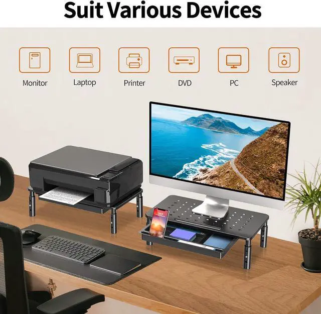 Alt view image 7 of 7 - ELIVED 2 Pack Monitor Stand Riser with Drawer, 3 Height Adjustable Monitor Stand with Storage, Desktop Monitor Riser for Computer, Laptop, Notebook, Printer(Black).