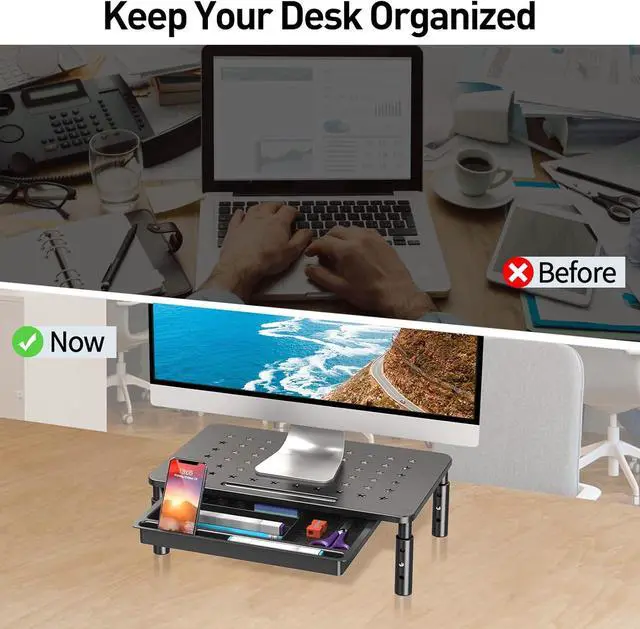 Alt view image 4 of 7 - ELIVED 2 Pack Monitor Stand Riser with Drawer, 3 Height Adjustable Monitor Stand with Storage, Desktop Monitor Riser for Computer, Laptop, Notebook, Printer(Black).