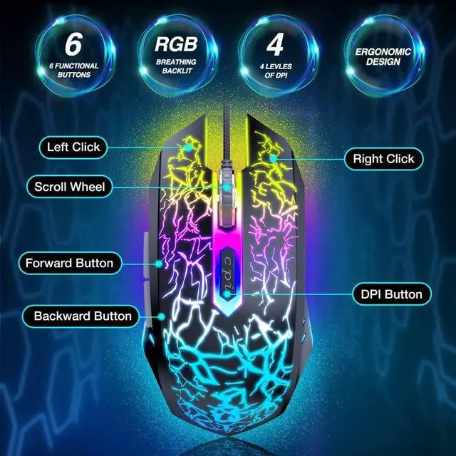 Alt view image 3 of 7 - Gaming Mouse Wired, Ergonomic Gamer Laptop PC USB Optical Computer Mice with RGB Backlit, 4 Adjustable DPI Up to 3600, 6 Programmable Buttons for Windows 7/8/10/XP Vista Linux -Black