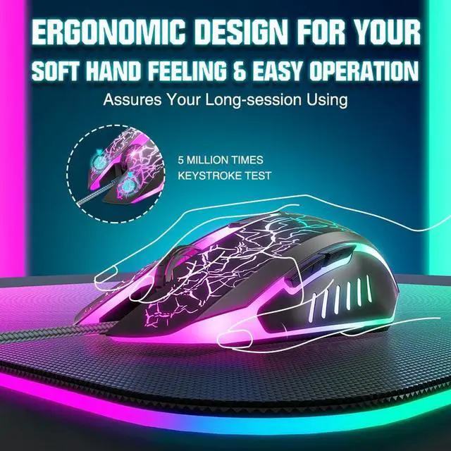 Alt view image 4 of 7 - Gaming Mouse Wired, Ergonomic Gamer Laptop PC USB Optical Computer Mice with RGB Backlit, 4 Adjustable DPI Up to 3600, 6 Programmable Buttons for Windows 7/8/10/XP Vista Linux -Black