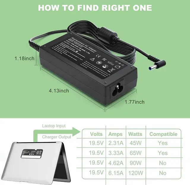 Alt view image 2 of 7 - 65W Laptop Charger for HP Pavilion x360 14 15 15.6 17, Envy x360 13 15 15.6 17, Elitebook 840 G5, 15-f111dx 15-f211wm 15-f233wm 15-f278nr 15-r052nr 15-r132wm Power Cord 19.5V 3.33A Charging Cord