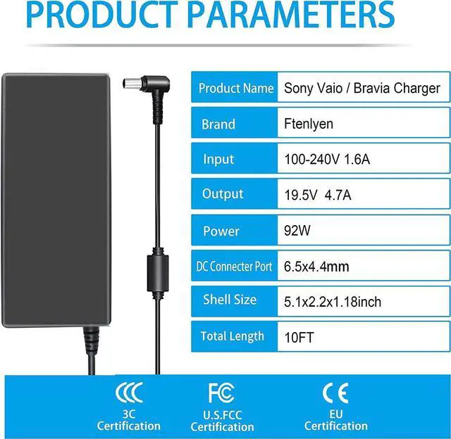 Alt view image 2 of 7 - 90W 19.5V 4.7A AC Adapter Laptop Charger Replacement for Sony Vaio PCG-3J1L VPCCW21FX VGN-CR240E VPCF236FM PCG-61A14L PCGA-AC19V10 VGP-AC19V10 VPCEH11FX SVE14118FXW VGN-A PCG-GRX VGN-AR Sony Bravia