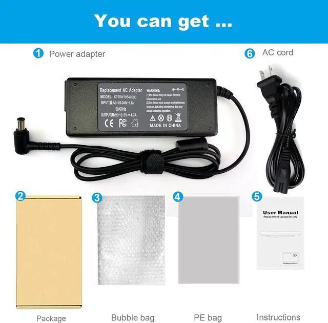 Alt view image 7 of 7 - 90W 19.5V 4.7A AC Adapter Laptop Charger Replacement for Sony Vaio PCG-3J1L VPCCW21FX VGN-CR240E VPCF236FM PCG-61A14L PCGA-AC19V10 VGP-AC19V10 VPCEH11FX SVE14118FXW VGN-A PCG-GRX VGN-AR Sony Bravia