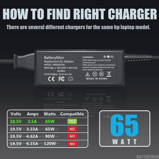 Alt view image 2 of 6 - 65W AC Adapter Laptop Charger Replacement for HP Pavilion DV9700 DV9500 DV9000 DV8000 DV7000 DV6700 DV6500 DV6000 DV5000 DV4000 DV2000 DV1000, Compaq Presario 510 515 520 610 A900 C700 F500-18.5V3.5A