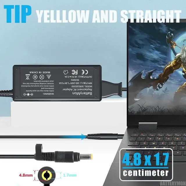 Alt view image 4 of 6 - 65W AC Adapter Laptop Charger Replacement for HP Pavilion DV9700 DV9500 DV9000 DV8000 DV7000 DV6700 DV6500 DV6000 DV5000 DV4000 DV2000 DV1000, Compaq Presario 510 515 520 610 A900 C700 F500-18.5V3.5A