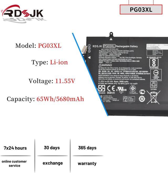 Alt view image 2 of 7 - PG03XL 11.55V 65Wh Laptop Battery for HP Spectre X360 15-AP012DX 15-AP011DX 15-AP 15-AP000 AP000NA AP000NF AP000NX AP001NF AP002NG Series 831758-005 HSTNN-LB7C 831532-421 831532-422 TPN-Q168 PG03064XL