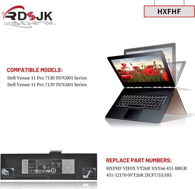 Alt view image 3 of 7 - HXFHF Laptop Battery Replacement for Dell Venue 11 Pro (7130) Tablet Venue 11 Pro 7139 7310 T07G T07G001 Series VJF0X VT26R XNY66 451-BBGR 451-12170 0VT26R VJFOX 7.4V 36Wh