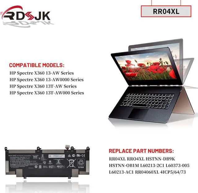 Alt view image 3 of 7 - RR04XL Laptop Battery for HP Spectre X360 13 13-AW 13-AW0000 13-AW0900 13-AW0001LA 13-AW0023DX 13-AW0105NC 13-AW0200ND 13-AW0015NG 13-AW0050TU HSTNN-OB1M HSTNN-DB9K L60213-AC1 L60373-005 15.4V 60.76Wh