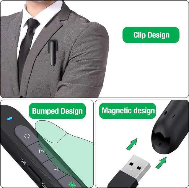 Alt view image 6 of 8 - Rechargeable Presentation Clicker with Green Light,PPT Powerpoint Remote Clicker for Presentations,Wireless Presenter Slide Changer Advancer Pointer with Volume Control for Laptop Computer