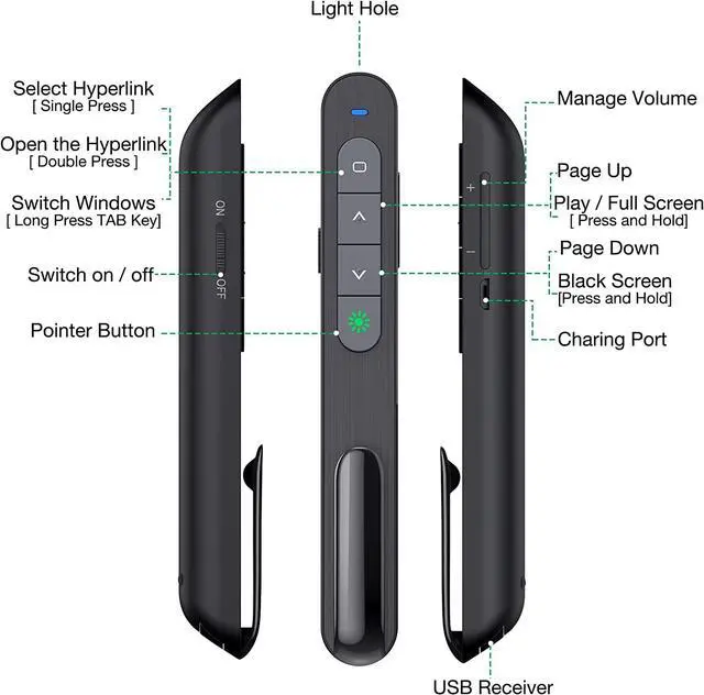 Alt view image 7 of 8 - Rechargeable Presentation Clicker with Green Light,PPT Powerpoint Remote Clicker for Presentations,Wireless Presenter Slide Changer Advancer Pointer with Volume Control for Laptop Computer