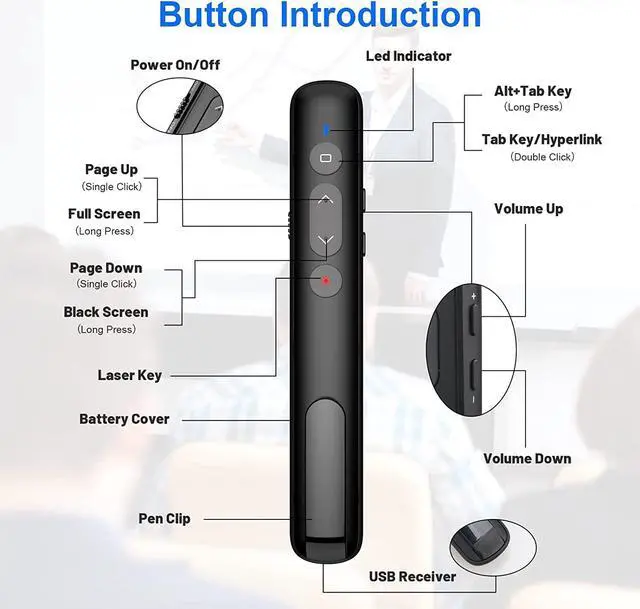 Alt view image 7 of 7 - Wireless Presentation Clicker, 2 in 1 USB Type C Powerpoint Clicker with Laser Pointer, Clicker for Powerpoint Presentation Remote PPT PowerPoint Clicker for Mac,Computer, Keynote,Laptop