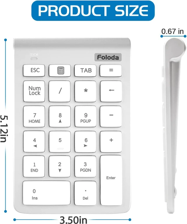 Alt view image 3 of 7 - Foloda Wireless Number Pad, 10 Keys USB Keypad for Laptop, 22 Keys Extensions Numeric Numpad Computer Laptop Accessories for PC Desktop Surface Pro Notebook