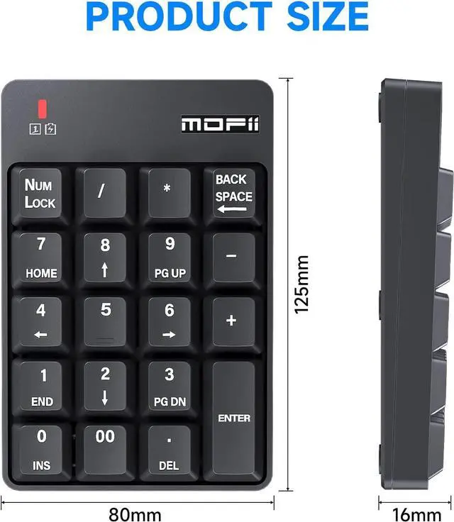Alt view image 7 of 7 - MOFII Bluetooth 5.1 Number Pad Wireless Numeric Keypad Silent 19 Keys USB Keypads, Portable Financial Accounting Numpad 10 Key for Laptop/Notebook/Surface Pro/PC - Black