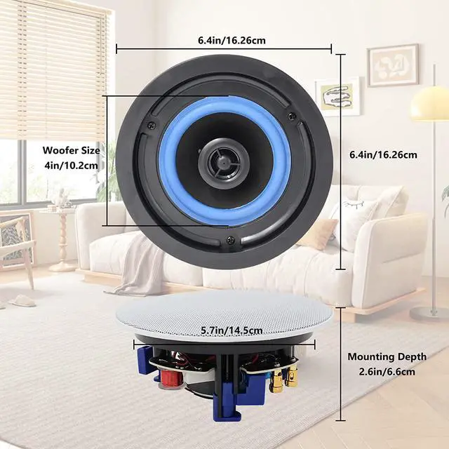 Alt view image 6 of 7 - Herdio 4 Inch 320 Watts 2-Way Bluetooth Ceiling Speakers Package Perfect for Home Theater System, Living Room,Office,Flush Mount4 Speakers