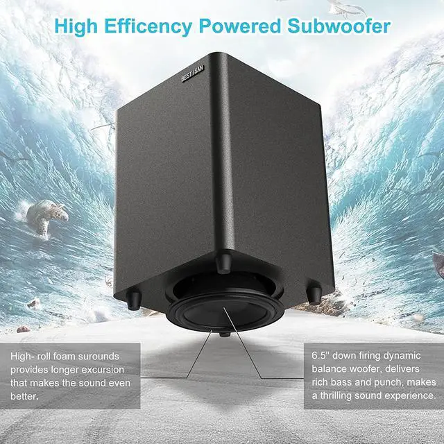 Alt view image 3 of 7 - BESTISAN Powered Subwoofer, Deep Bass Sub, Down Firing Subs, Easy Setup with Home Theater System, Receiver, Speakers, Coaxial Cable Included, RCA, LFE, AUX Input, High-Level Speaker Input & Output