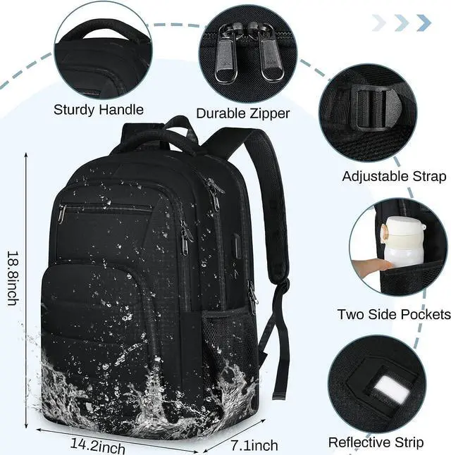 Alt view image 5 of 7 - RAINSMORE Laptop Backpack 17 Inch Large Travel Backpack for Men Women Waterproof Computer Work Business College Bookbag TSA Friendly Carry on Backpack with USB Port, Black